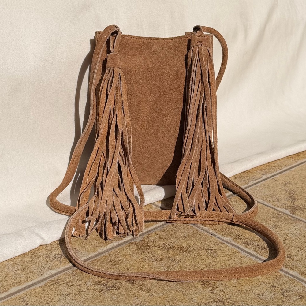 *SOLD* Fringe Tan Suede Gypsy Boho Western Cowgirl Style Crossbody Long Mini Bag